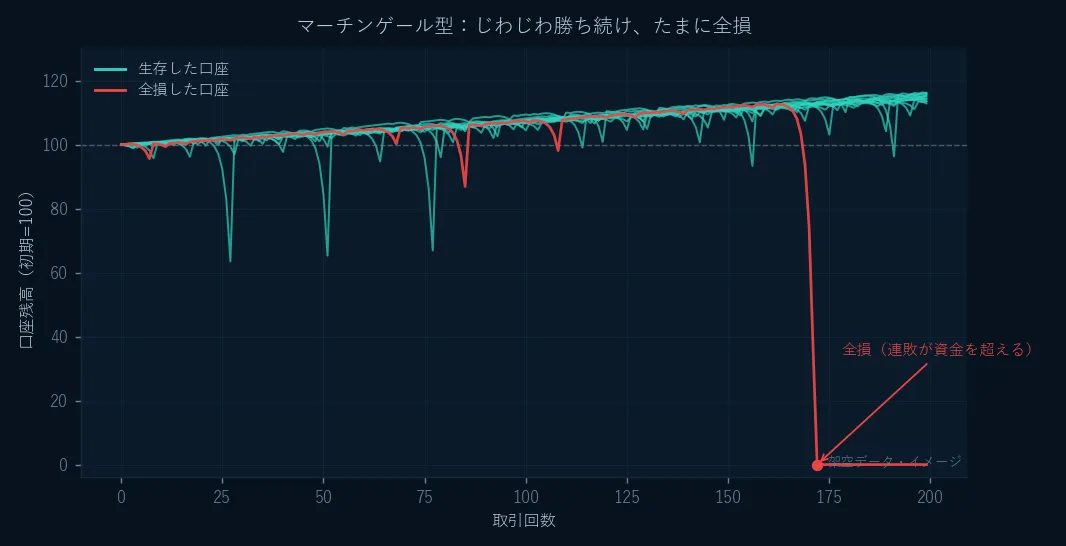 マーチンゲール型の口座残高推移のイメージ。多くの口座はじわじわ増えるが、連敗が資金を超えた口座は一気に全損する。