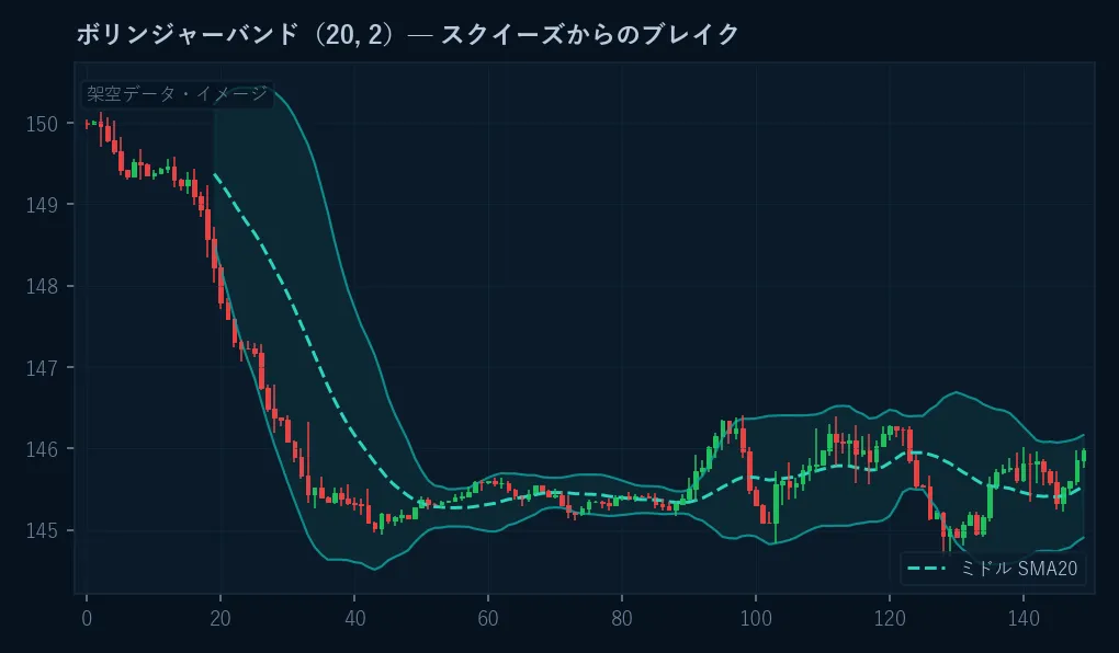 ローソク足にボリンジャーバンド(20,2)を重ねたイメージ。バンドが収縮するスクイーズから拡大へ移行する局面。