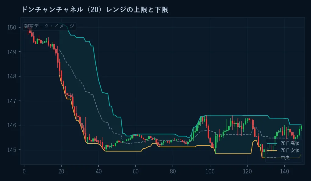 ローソク足にドンチャンチャネル（20日高値、20日安値、中央）を重ねたイメージ。